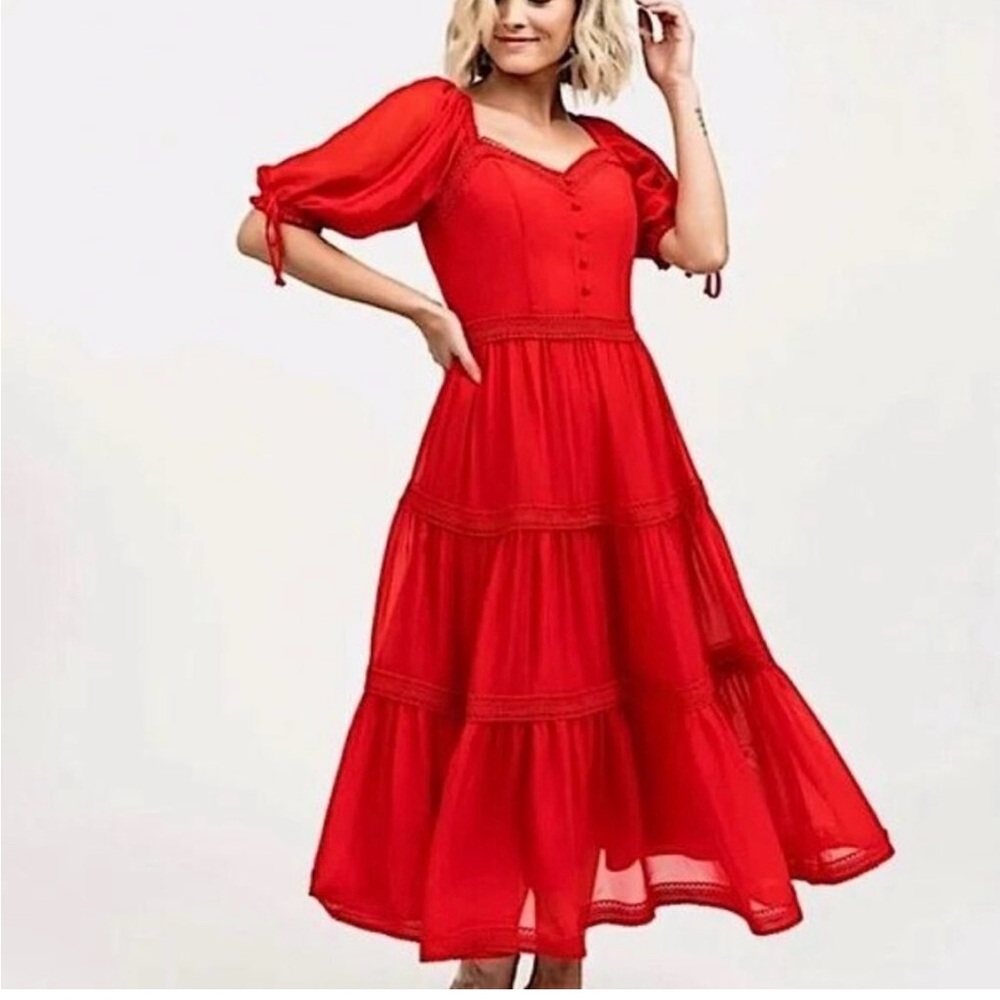 Rachel Parcell Red Queen Dress *RaRe* size Medium Tiered Chiffon Goji